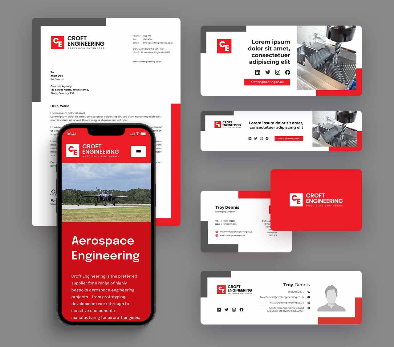 Croft Engineering designs including website header and business cards