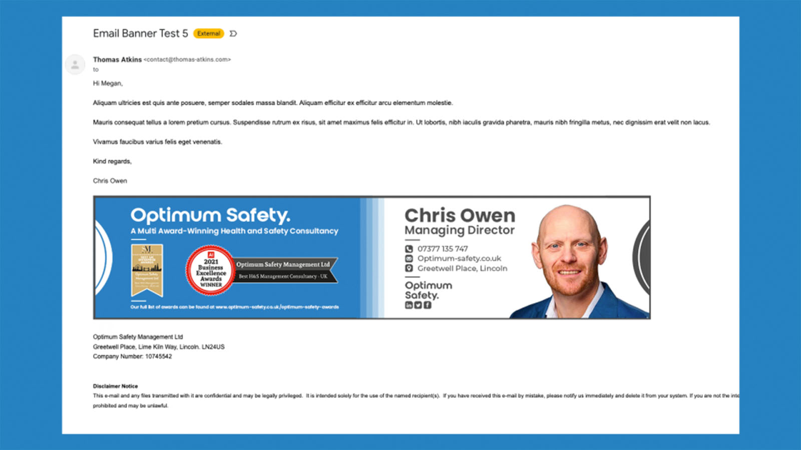 Optimum safety email banner with contact information