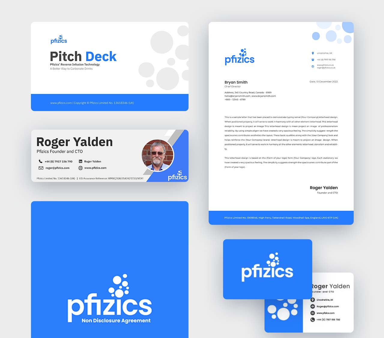 Pfizics pitch deck overview with colour scheme and CEO