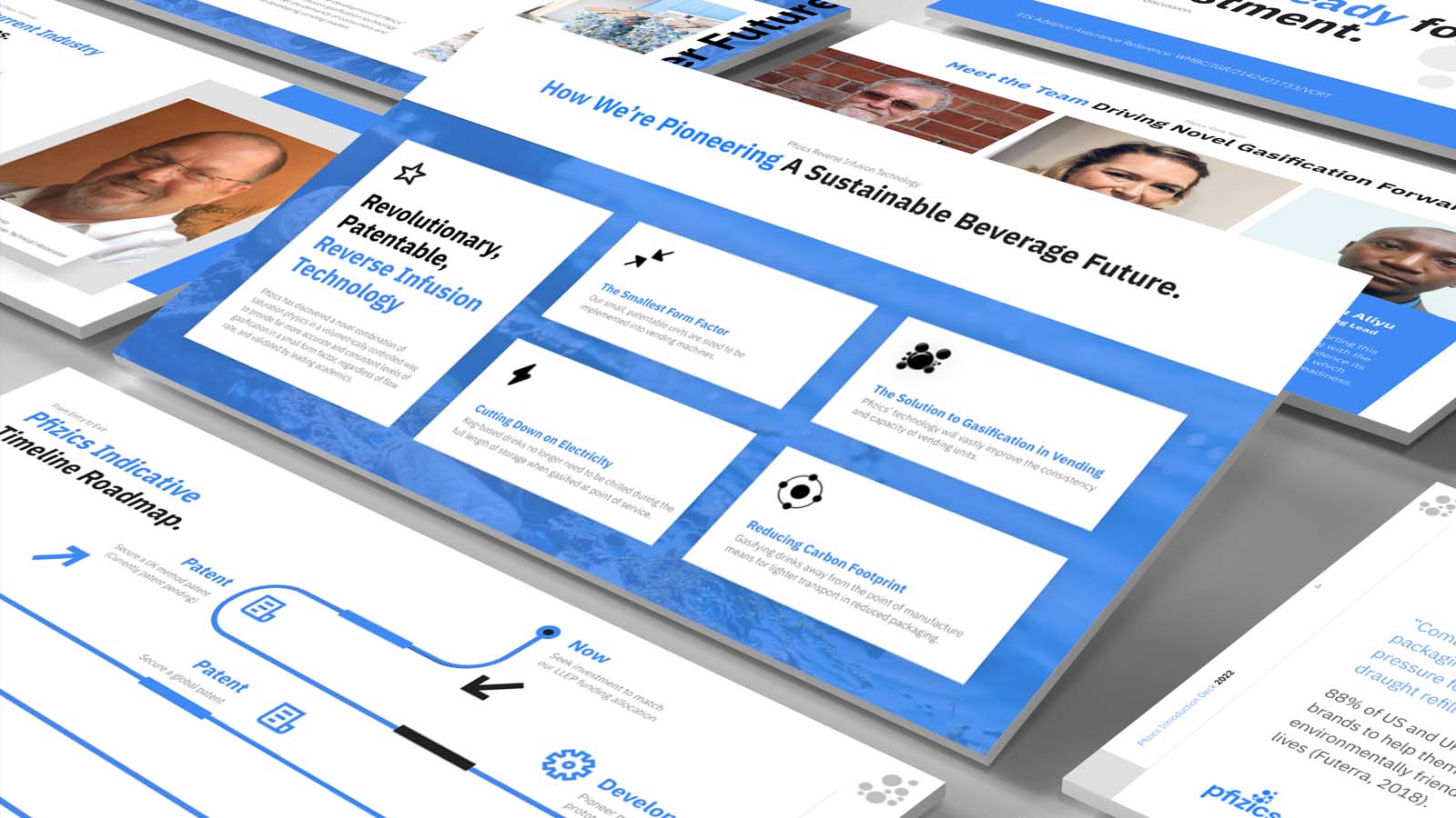 Pfizics pitch deck mockup with company highlights