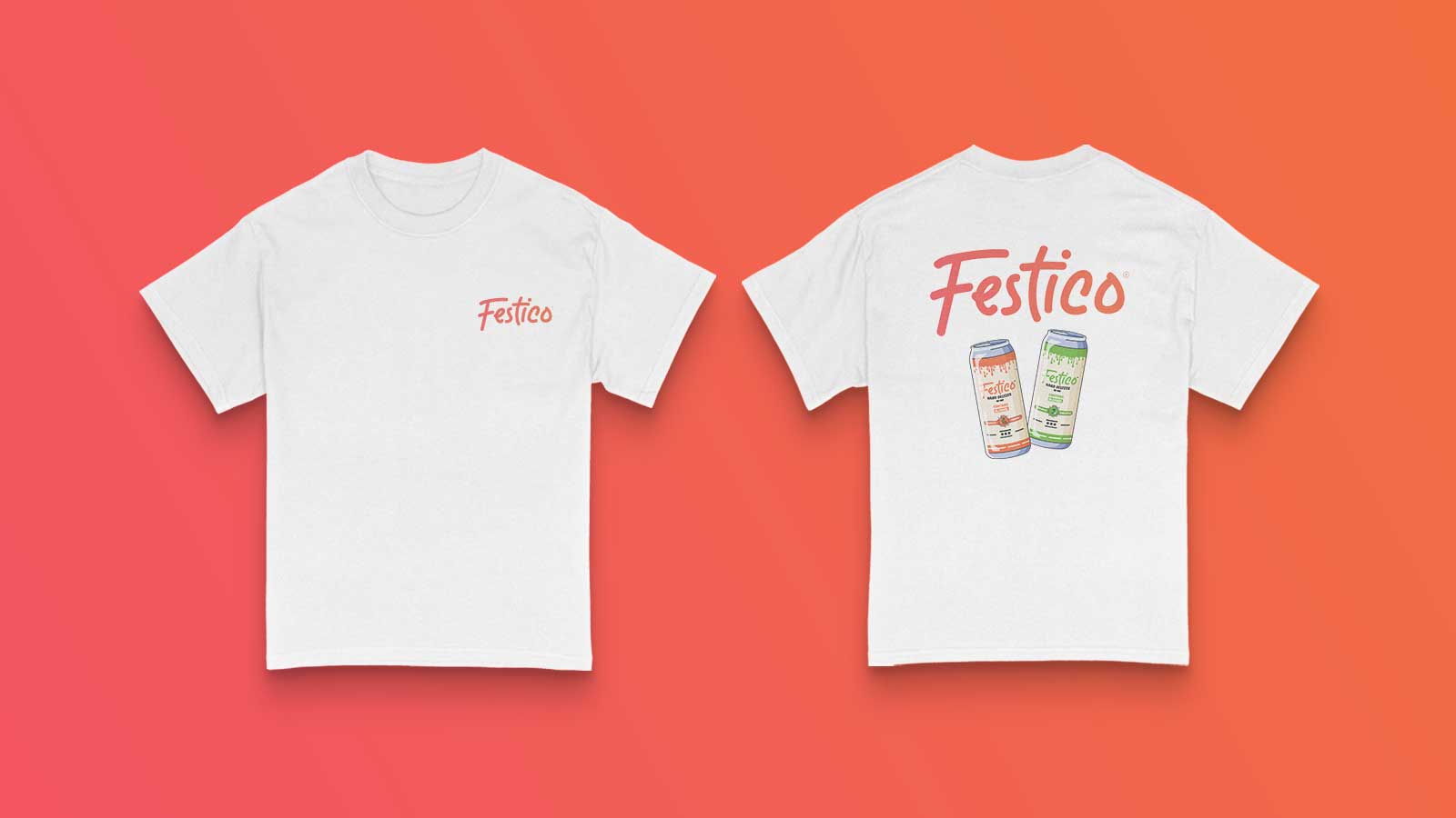 White t-shirts with the Festico logo on the front and back, as well as a picture of the drinks on.